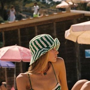 Triangl striped bucket hat, green and white. Worn once